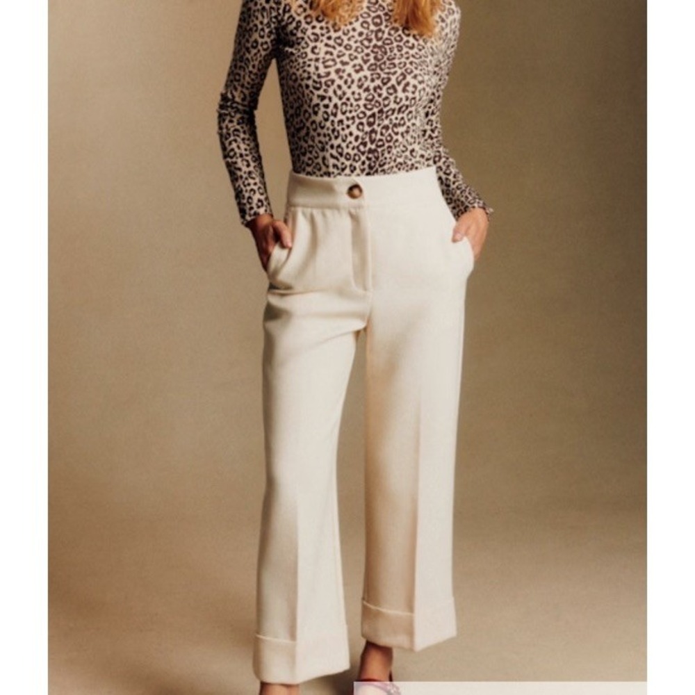 Sezane Damon Trousers Pants  Wide Leg High Rise Cuffed Career Ecru 46